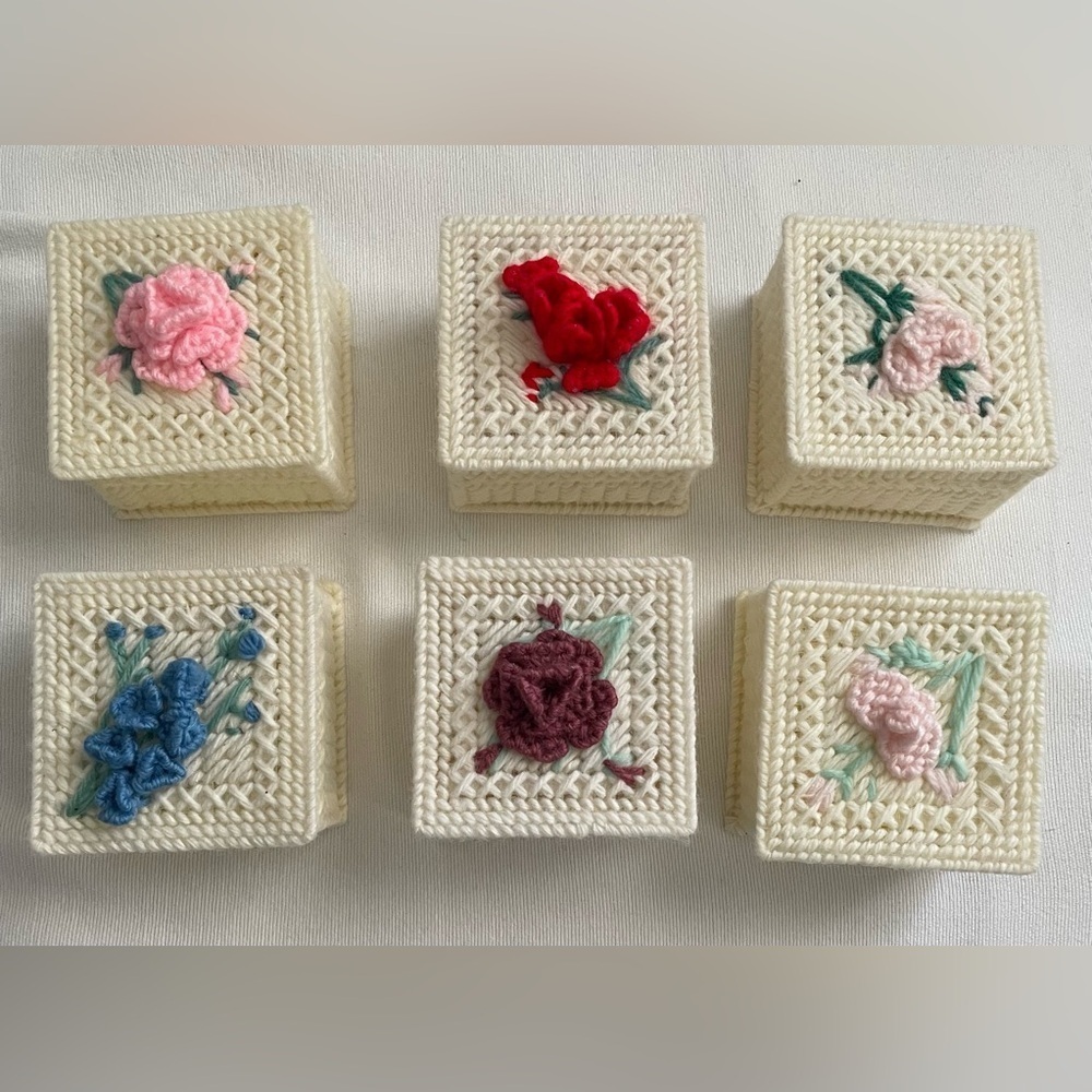 Set of 6 Handmade Plastic canvas & Yarn Floral Trinket Boxes